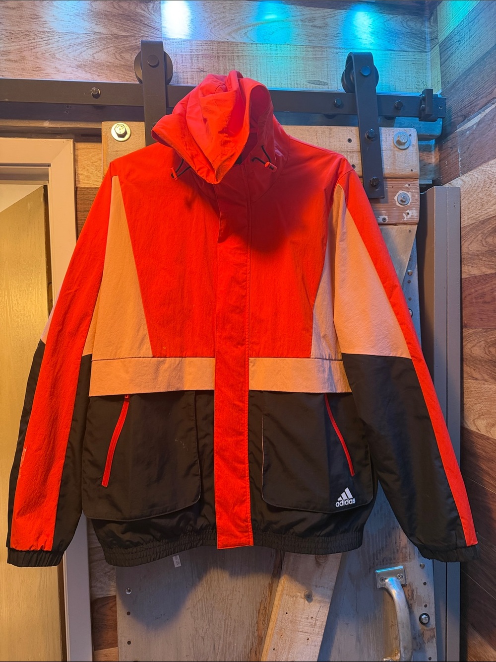 adidas Red, Beige and Black Colorblock Hooded Windbreaker